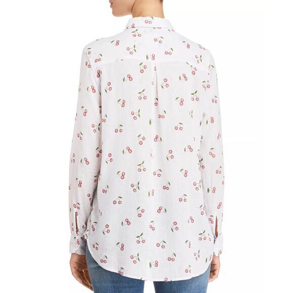 Rails Charli Linen Blend Cherry Print Long Sleeve Button-Up Shirt White Womens L - Picture 3 of 12